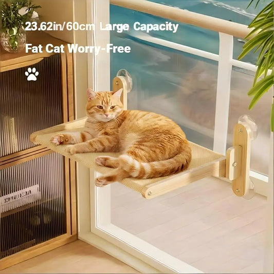 Foldable Solid Wood Cat Window Perch | Heavy Duty Suction Cup Hammock | Space Saving & Breathable Mesh | for Large Cats