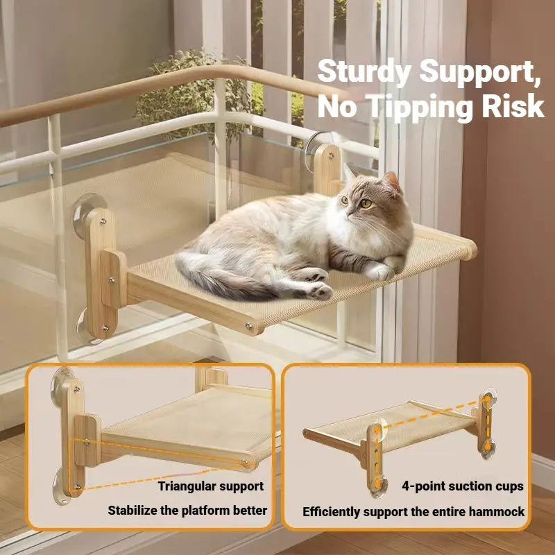 Foldable Solid Wood Cat Window Perch | Heavy Duty Suction Cup Hammock | Space Saving & Breathable Mesh | for Large Cats