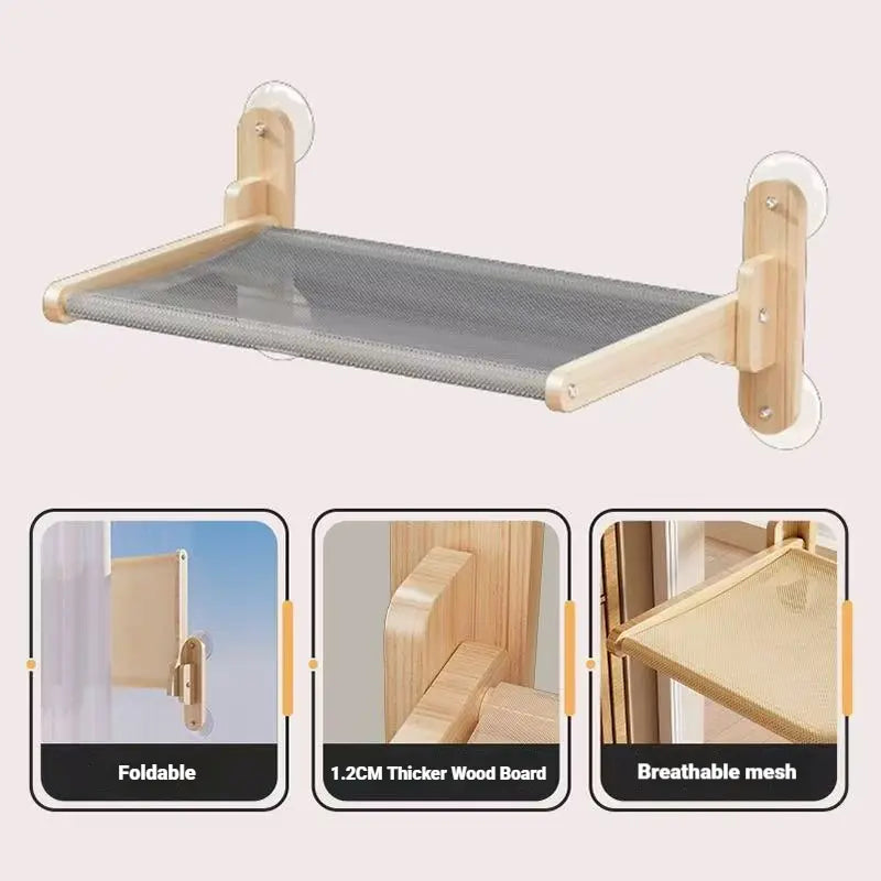 Foldable Solid Wood Cat Window Perch | Heavy Duty Suction Cup Hammock | Space Saving & Breathable Mesh | for Large Cats